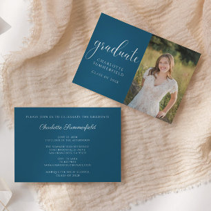 Fotoinbjudan för elegant Script Blue Studenten Inbjudningar