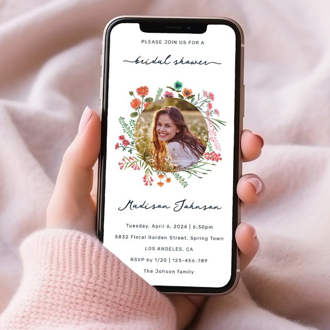 Fotoinbjudan för färgstark Wildblomma-Möhippa Inbjudningar (Colorful Wildflower Bridal Shower Photo Invitation)