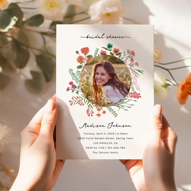 Fotoinbjudan för färgstark Wildblomma-Möhippa Inbjudningar (Colorful Wildflower Bridal Shower Photo Invitation)