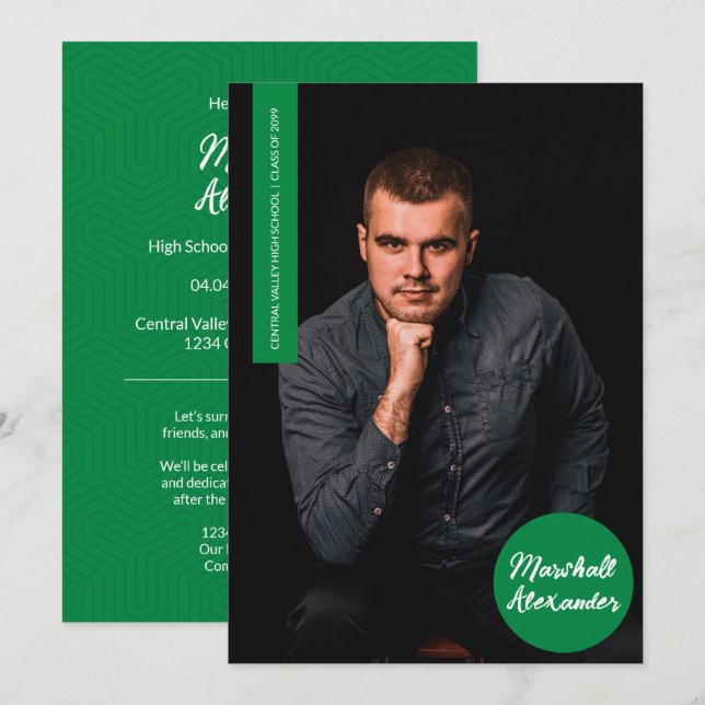 Fotoinbjudan för grönt Geometric Studenten (Fram/baksida)