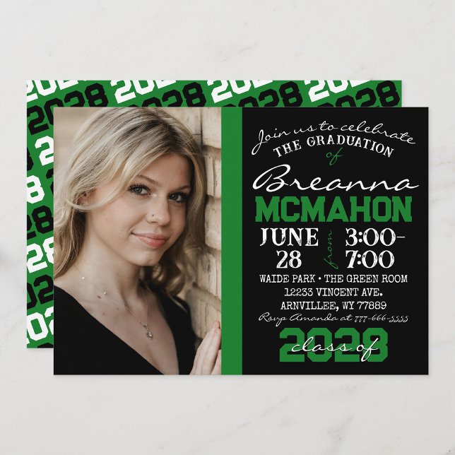 Fotoinbjudan för grönt och svart modern Studenten Inbjudningar ( Repeating Class Year 1 & 2 Photo Graduation Invitations & Announcements)