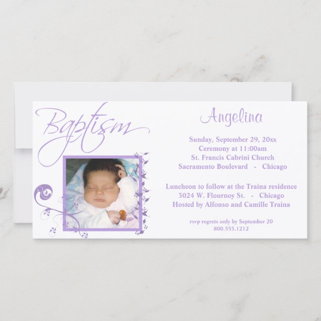 Fotoinbjudan för lätt Lila-baptism (Framsida)