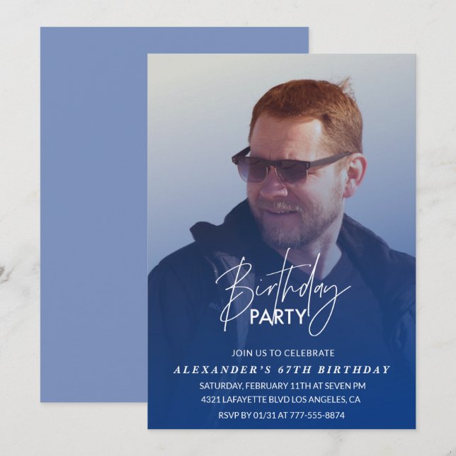 Fotoinbjudan för marint blått Manar 67:e födelseda Inbjudningar (Fram/baksida)