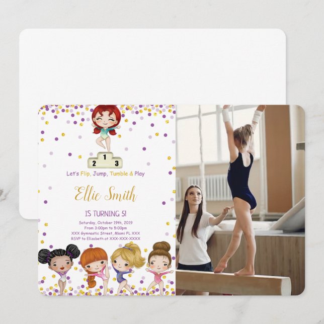 Fotoinbjudan från Gymnastics Birthday Inbjudningar (Fram/baksida)