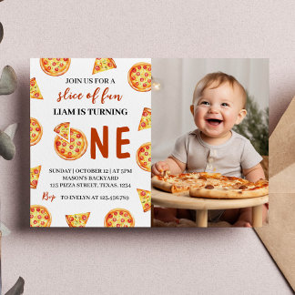 Fotoinbjudan till Baby Pizza-födelsedagsfoto för s Tack Kort