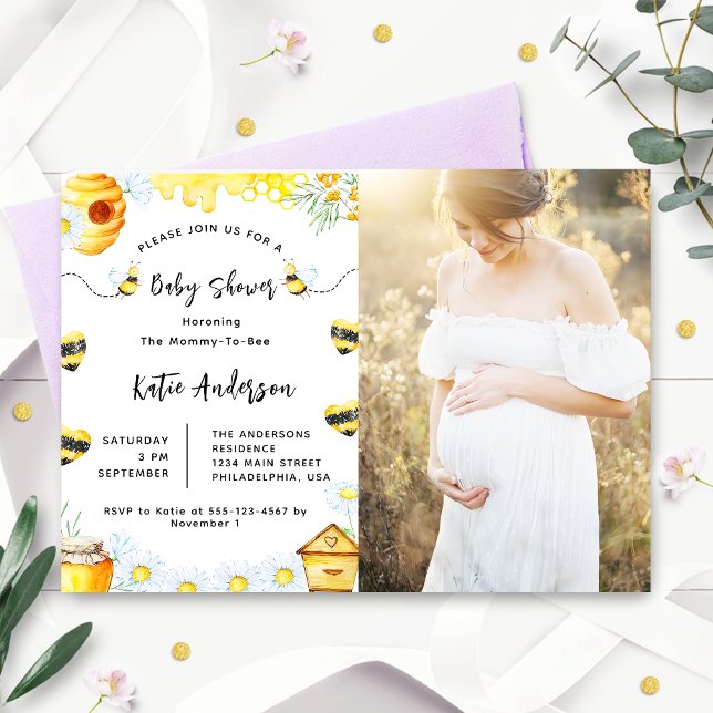 Fotoinbjudan till babyskor Bee Solrosblomma Inbjudningar (Skapare uppladdad)
