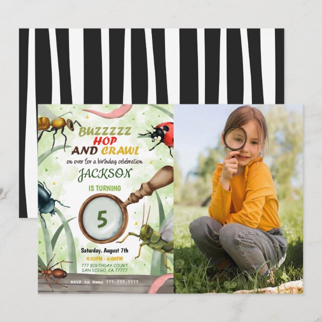 Fotoinbjudan till barn på födelsedagen i kryp inbjudningar (Fram/baksida)