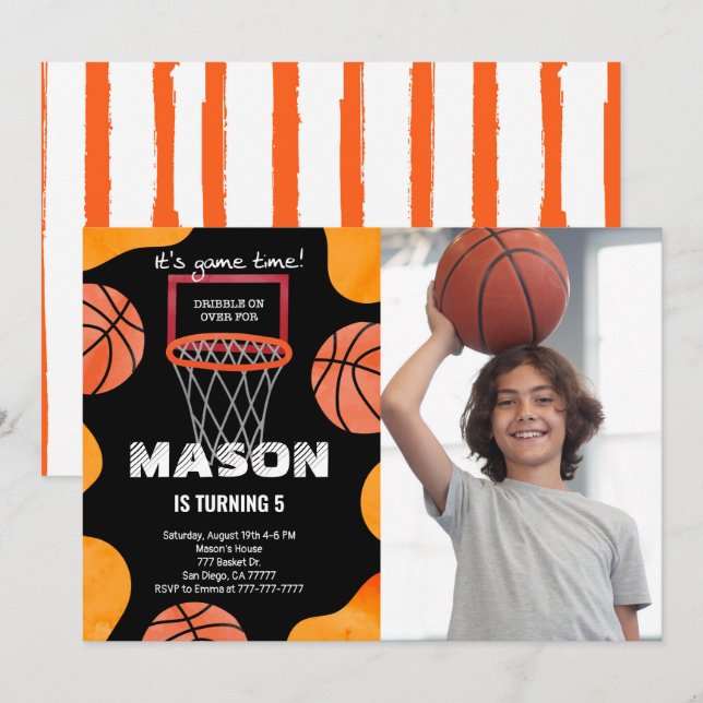 Fotoinbjudan till basket på födelsedagen inbjudningar (Fram/baksida)