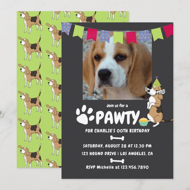 Fotoinbjudan till Beagle Hund Birthday Inbjudningar (Fram/baksida)