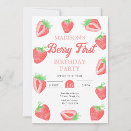 Fotoinbjudan till Berry First Strawberry Birthday Inbjudningar