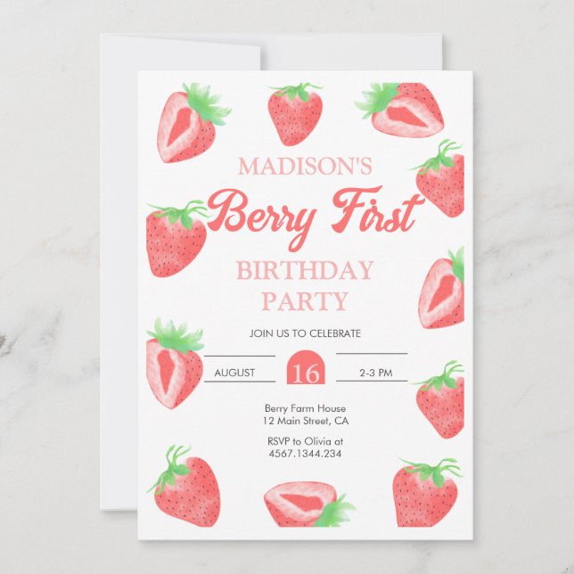 Fotoinbjudan till Berry First Strawberry Birthday Inbjudningar (Framsida)