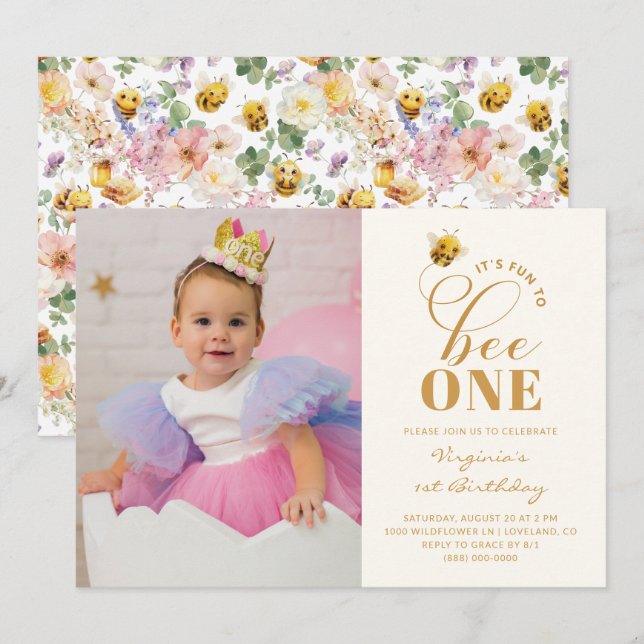 Fotoinbjudan till bin på födelsedagen inbjudningar (Fram/baksida)