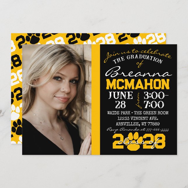Fotoinbjudan till Black & Guld Pawprint Studenten Inbjudningar (Repeating Class Year 1 & 2 Photo Graduation Invitations & Announcements (Paw Print Version)