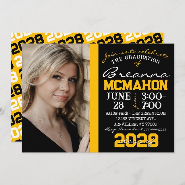 Fotoinbjudan till Black & Guld Studenten Inbjudningar ( Repeating Class Year 1 & 2 Photo Graduation Invitations & Announcements)