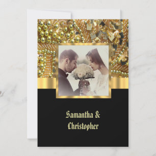Fotoinbjudan till Black och guld bling bröllop Inbjudningar