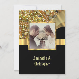 Fotoinbjudan till Black och guld bling bröllop Inbjudningar