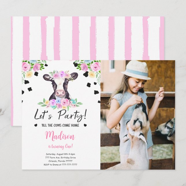 Fotoinbjudan till Black & Rosa Cow Birthday Inbjudningar (Fram/baksida)
