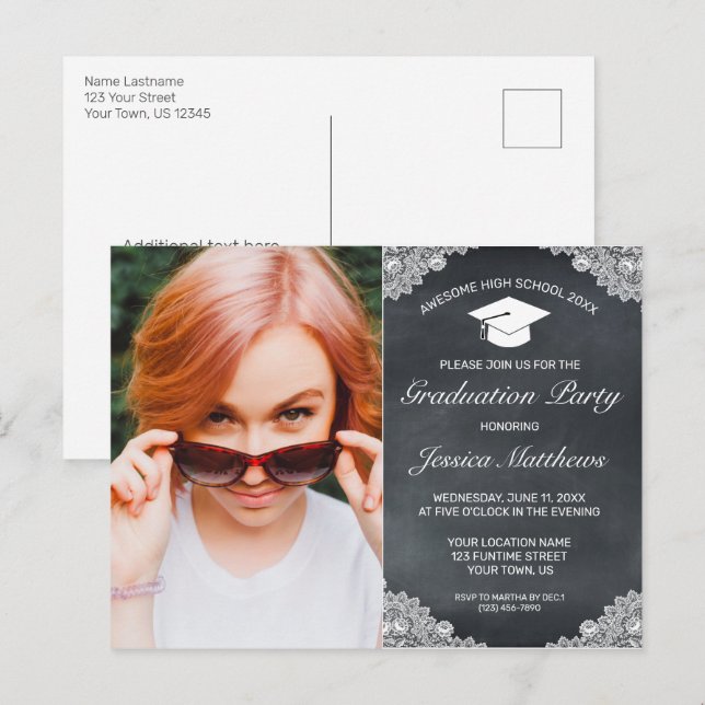 Fotoinbjudan till Blackboard White Snöre Studenten Vykort (Fram/baksida)