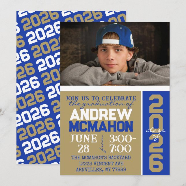 Fotoinbjudan till Blue & Bronze Guld Studenten Inbjudningar (Fram/baksida)