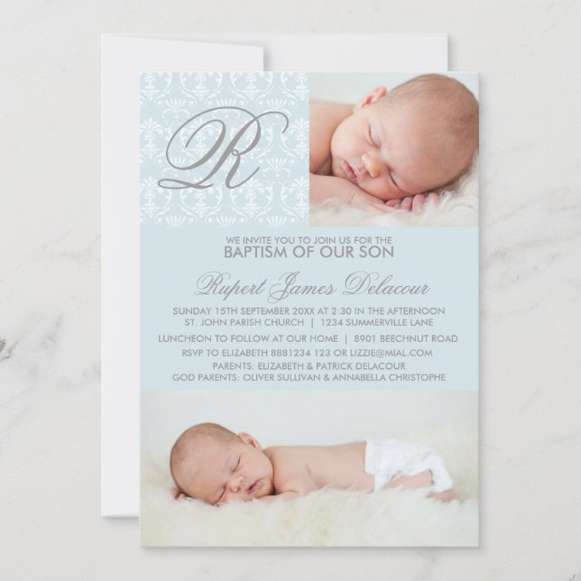 Fotoinbjudan till Blue Damask Monogram-baptism Inbjudningar (Framsida)