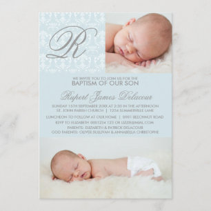 Fotoinbjudan till Blue Damask Monogram-baptism Inbjudningar