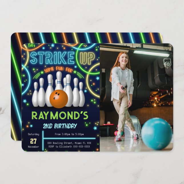 Fotoinbjudan till Bowling Birthday Inbjudningar (Fram/baksida)