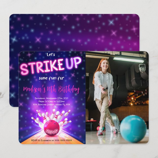 Fotoinbjudan till Bowling Birthday Inbjudningar (Fram/baksida)