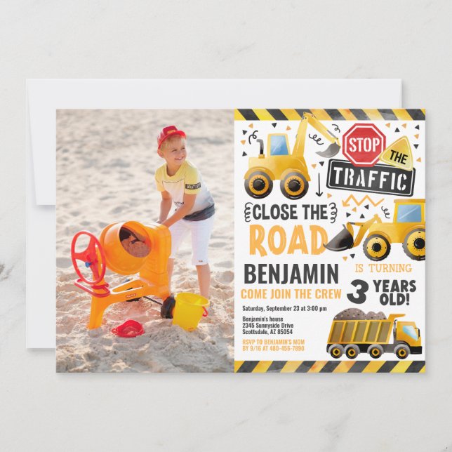 Fotoinbjudan till Boy Födelsedagsfest Construction Inbjudningar (Framsida)