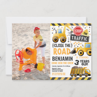 Fotoinbjudan till Boy Födelsedagsfest Construction Inbjudningar