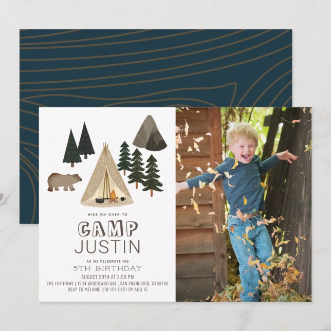 Fotoinbjudan till Camping Tält Bear Boy Birthday Inbjudningar (Fram/baksida)