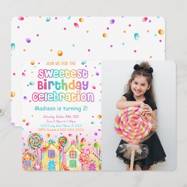 Fotoinbjudan till Candy Birthday Inbjudningar (Fram/baksida)