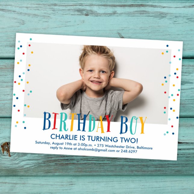 Fotoinbjudan till Confetti Birthday Boy Inbjudningar (Skapare uppladdad)
