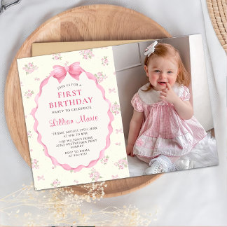 Fotoinbjudan till Coquette Rosa Blommigt Bow Birth Inbjudningar