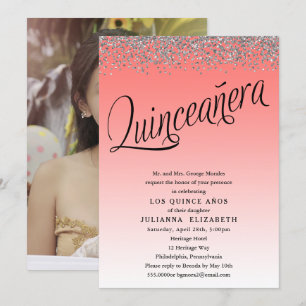 Fotoinbjudan till Coral och Silver Quinceanera Inbjudningar