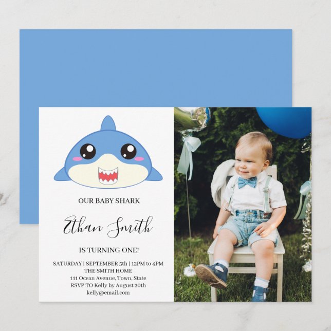 Fotoinbjudan till Cute Baby Shark Birthday Inbjudningar (Fram/baksida)