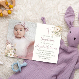 Fotoinbjudan till Cute Blommigt Flicka-baptism Inbjudningar