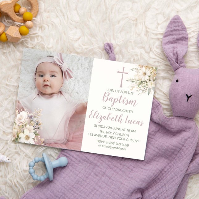 Fotoinbjudan till Cute Blommigt Flicka-baptism Inbjudningar (Cute Floral Baby Girl Baptism Photo Invitation)