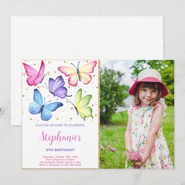 Fotoinbjudan till Cute Butterfly Birthday Inbjudningar (Fram/baksida)