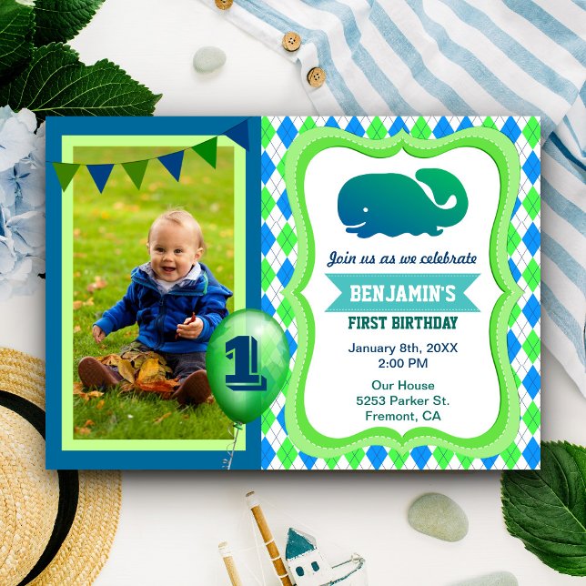 Fotoinbjudan till Cute Whale First Födelsedagsfest Inbjudningar (Skapare uppladdad)