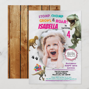 Fotoinbjudan till Dinosaur-födelsedag för flicka Inbjudningar