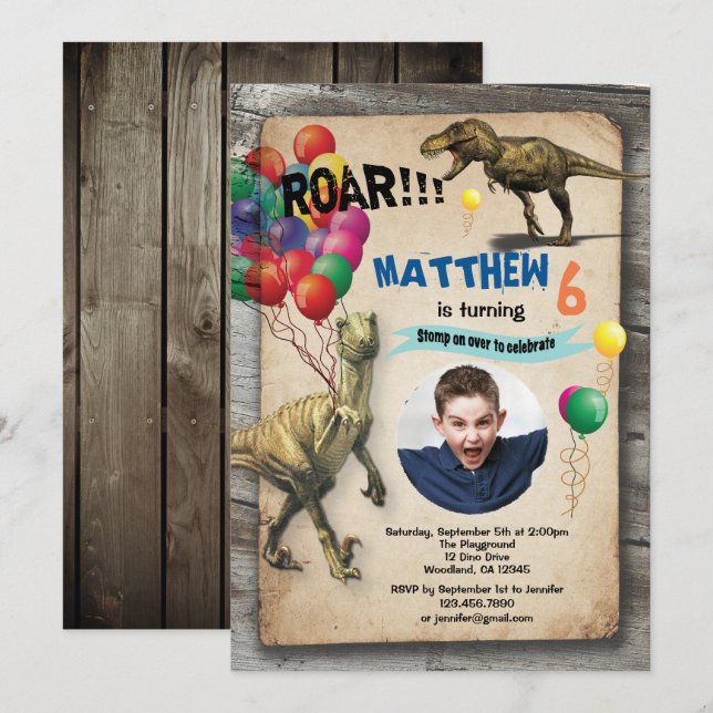 Fotoinbjudan till Dinosaur-födelsedag Inbjudningar (Fram/baksida)