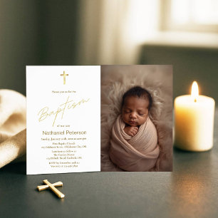 Fotoinbjudan till elegant Guld Pojke Baptism Inbjudningar