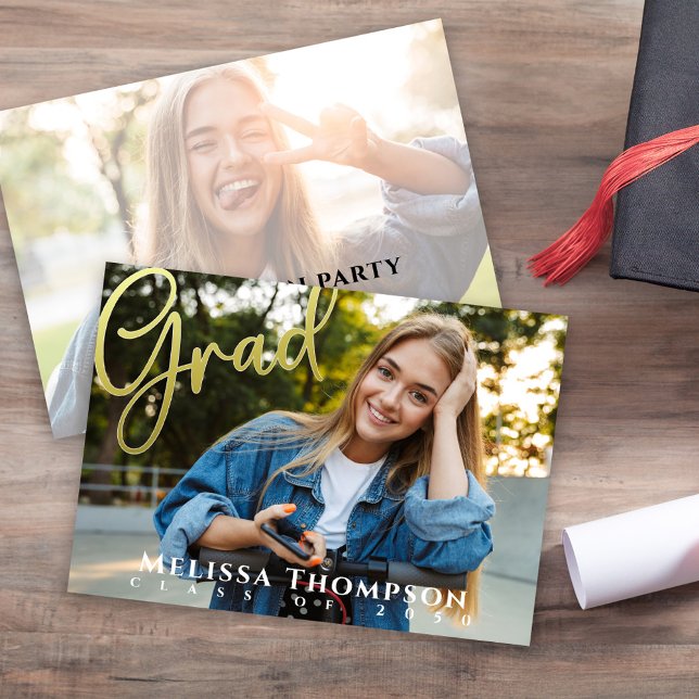Fotoinbjudan till elegant Guld Studenten Meddelande (Graduation photo invitation template with gold calligraphy script. )