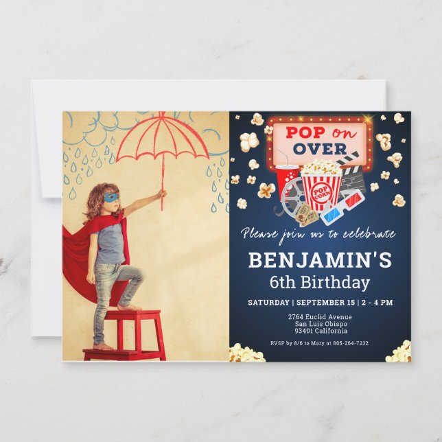 Fotoinbjudan till filmkvällsdags på födelsedagen inbjudningar (Framsida)