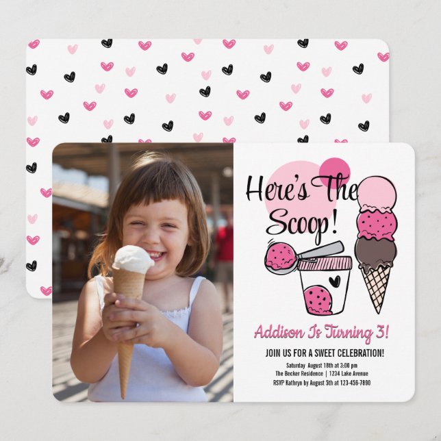 Fotoinbjudan till Födelsedagsfesten Ice Cream Scoo Inbjudningar (Fram/baksida)