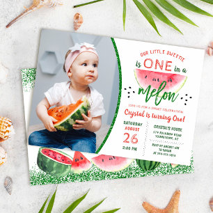 Fotoinbjudan till glitter Watermelon 1:a födelseda Inbjudningar