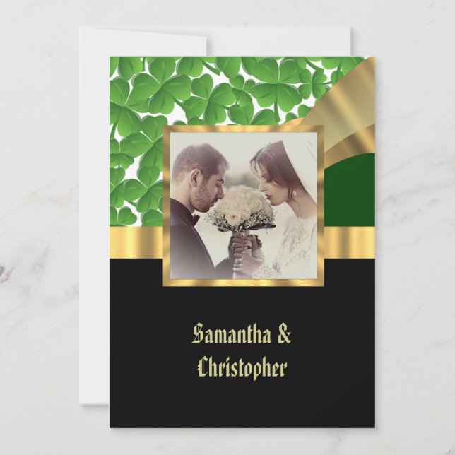 Fotoinbjudan till grönt och guld bröllop inbjudningar (Baksida)