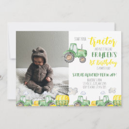 Fotoinbjudan till grönt Tractor Birthday Inbjudningar