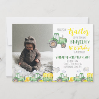 Fotoinbjudan till grönt Tractor Birthday Inbjudningar