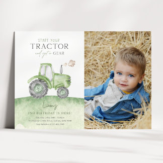 Fotoinbjudan till grönt Tractor Birthday Inbjudningar